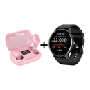 Combo of a black smartwatch with a silicone band, a round digital screen showing 22:00, date, & fitness data, plus pink wireless earbuds with "100" on their open plastic charging case. Isolated on white background.